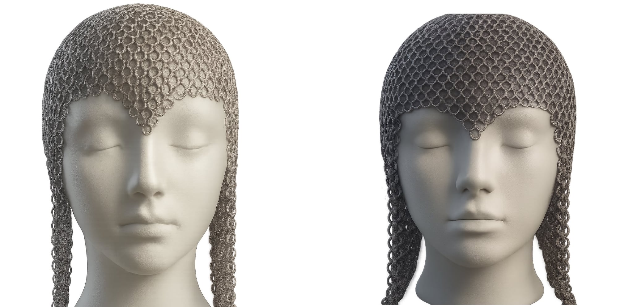 mannequin heads with chain mail hoods